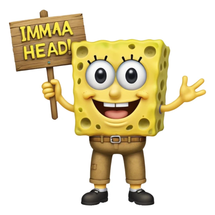 Make SpongeBob hold a wooden sign that says imma head out and make SpongeBob have his pants sticker