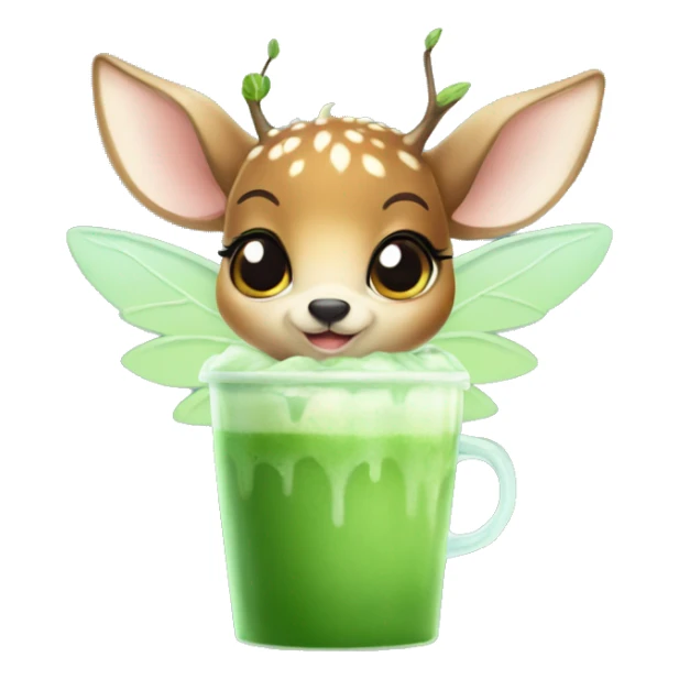 baby deer with fairy wings drinking iced matcha latte  sticker