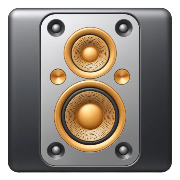 Minimal emoji icon of a modern metallic speakers, front view, detailed geometry, dark metallic body, subtle highlights, isolated sticker