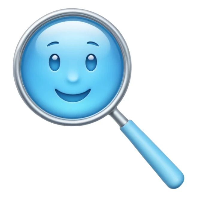 A 3D emoji-style magnifying glass, smooth rounded shapes, soft gradient blue ring, glossy plastic material, subtle highlights and reflections, simple minimal design, pastel blue color, slightly thick proportions, soft lighting, clean white background, modern emoji aesthetic, centered composition sticker