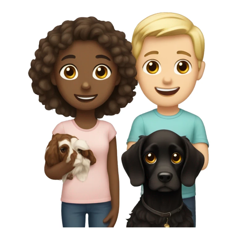 Brown haired girl and a blond haired boy both holding a black coker spaniel  sticker
