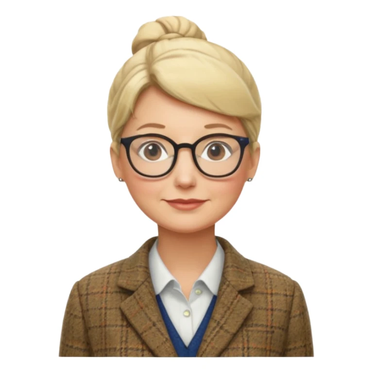 older teacher with blonde bun and glasses sticker