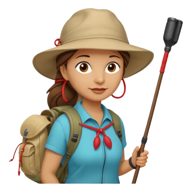 Middle aged women, long brown ponytail with wide brim hiking hat. With backpack and trekking poles. Backpack has a scallop shell with the cross of saint james hanging from it.  Remove the cross and add a scallop shell on a red string hanging from the backpack  sticker