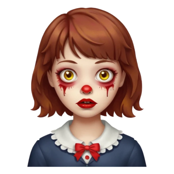 FAÇA UMA PERSONAGEM FOFA COM NARIZ DE BOLINHA AVERMELHADO CLARO E ZUMBI CABELO MARRON ONDULADO E FRANJA CURTA   COMO SE NÃO SOUBESSE OQ FEZ LÁBIOS CLAROS FECHADOS E OLHOS AMARELOS sticker