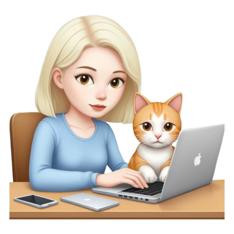 A girl is working on a laptop with a cat lying next to it sticker