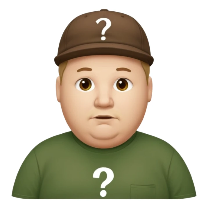 white fat man with brown cap and green t shirt printeed a question mark sticker