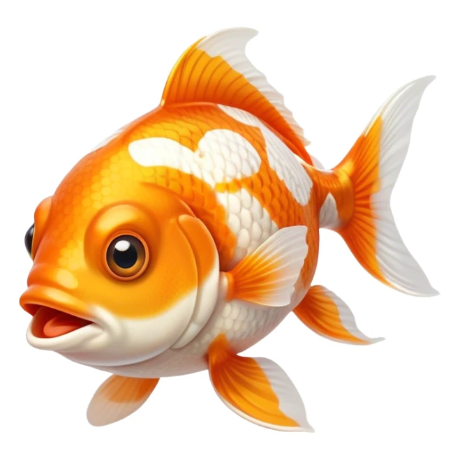 Cinematic Comical Orange and White Goldfish Portrait Emoji, Head tilted dramatically with an exaggeratedly amused expression, featuring a striking body with bold orange and white patterns, wide, expressive golden eyes filled with playful disbelief, Simplified yet hilariously expressive features, highly detailed, glowing with a slightly sassy glow, high shine, dramatic yet playful, stylized with an air of cheeky mischief, bright and endearing, soft glowing outline, capturing the essence of a spirited and over-the-top goldfish, so meme-worthy it feels like it could side-eye its way into internet fame instantly! sticker