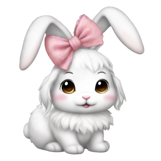 coquette aesthetic, fluffy white bunny with its eyes closed, wearing a pretty pink hair bow with white lace on top of its head between its ears sticker