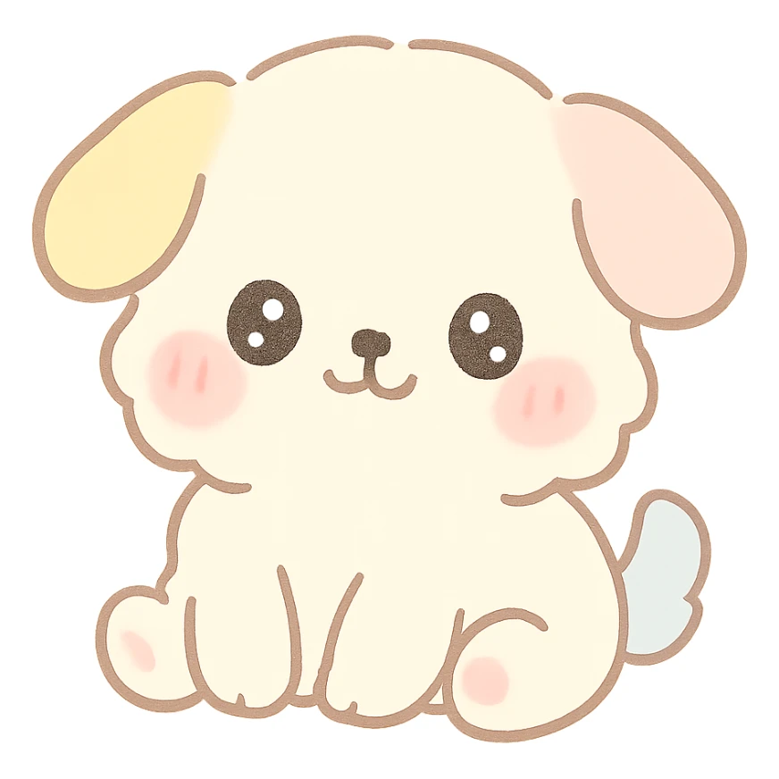 super kawaii, fluffy chubby puppy with a round face, big sparkly eyes, blushing cheeks, tiny limbs, short tail, and soft fluffy fur; hand-drawn Japanese kawaii style, watercolor pastel tone, consistent colors cream, pastel pink, pastel yellow, baby blue sticker