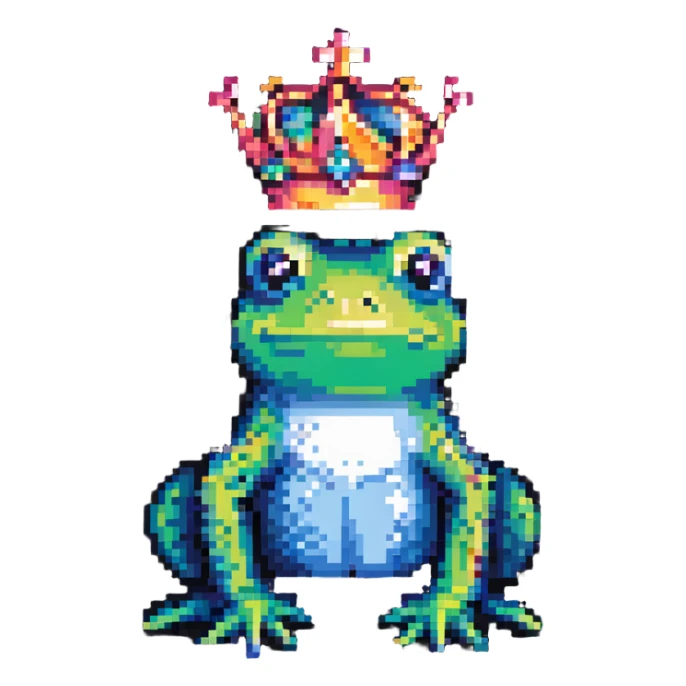 pixel art crowned frog side view small crown vibrant palette sticker