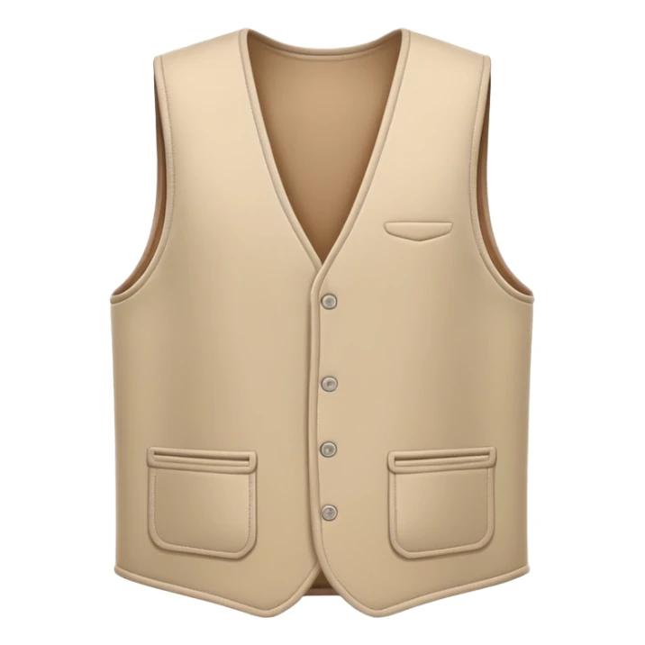 A 3D Apple-style emoji of a simple sleeveless vest (yelek), front view, minimal and clean design, soft fabric texture, neutral colors, cartoon-like and cute style sticker