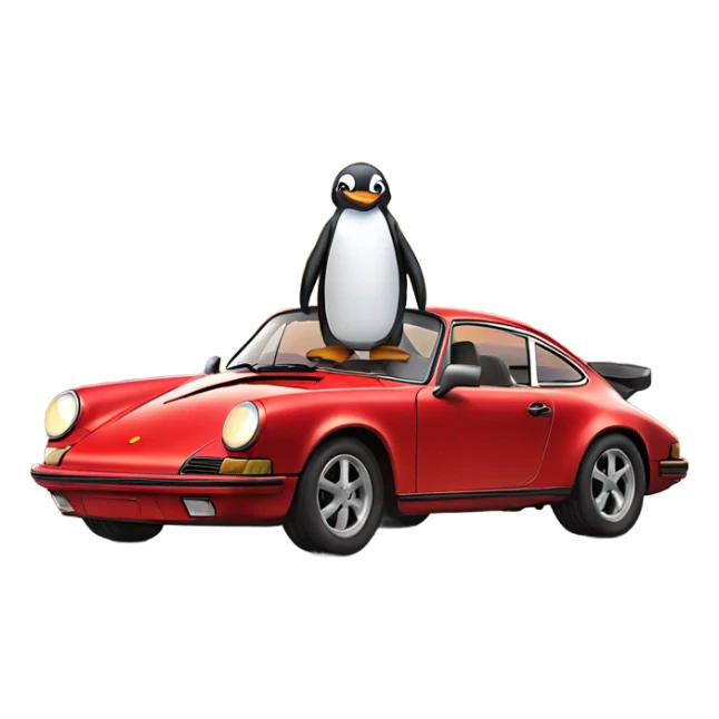 penguin riding in a porsche 911 at sunset sticker