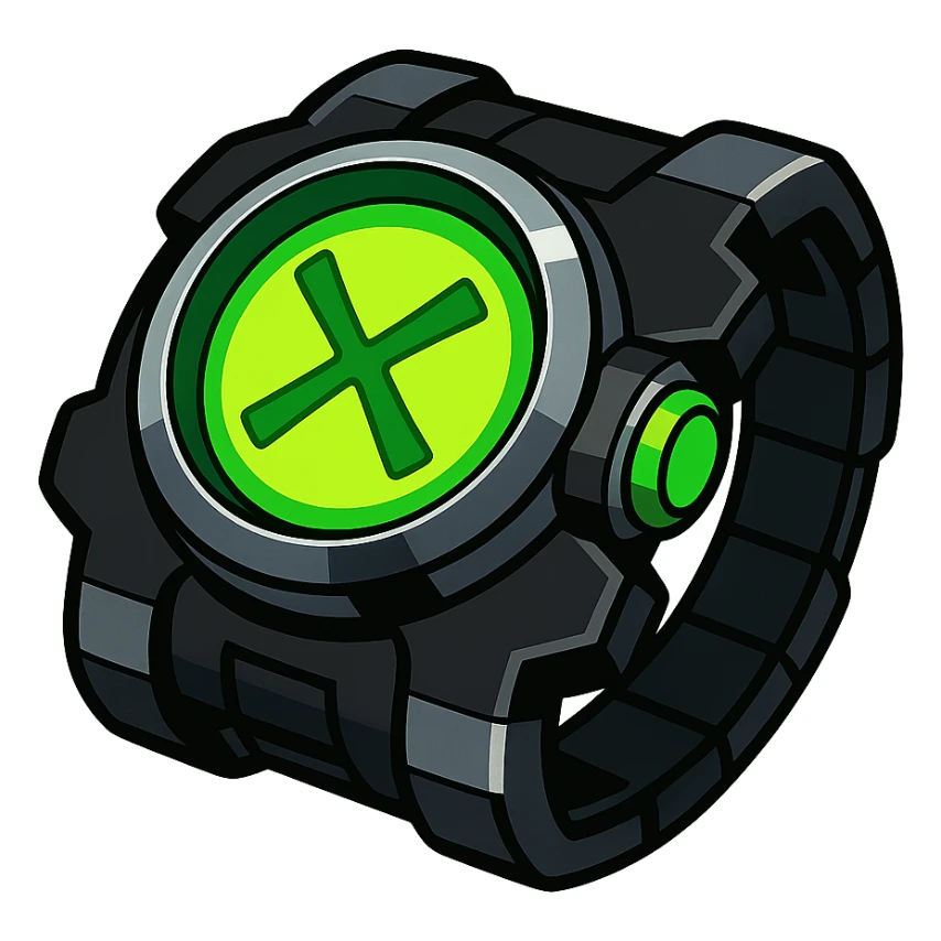 futuristic alien wrist device, black and metallic silver, neon green glowing circular screen with double-headed arrow or X-shaped alien symbol, screen lights up, advanced and durable, sci-fi technology, vibrant toon style sticker