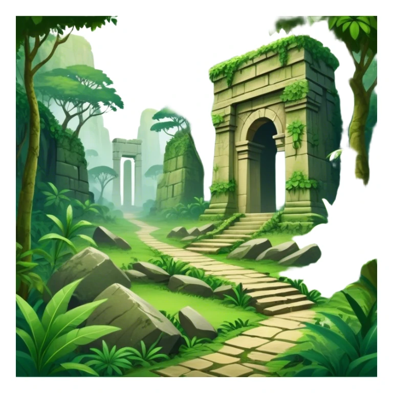 Icon for Adventure Movie: A vintage movie poster-style design with a jungle clearing path, dense foliage surrounding it. In the distance, ancient ruins peek through the trees. The atmosphere is mysterious and adventurous, with soft light cutting through the trees. Transparent background. sticker