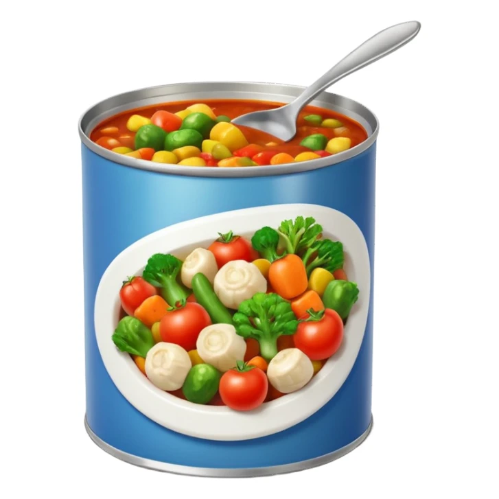 open tin can with chunky mixed vegetables in tomato sauce, no spoon or branding, soft lighting, subtle shadows, emoji scale sticker