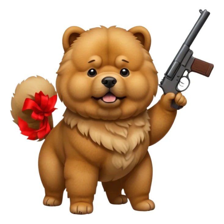 Funny realistic-style chow chow dog with light fur standing on its hind legs and holding a gun menacingly sticker