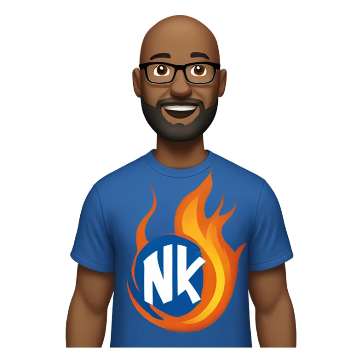 A Bald man with a beard, goatee, and glasses wearing a New York Knick tee shirt while standing and throwing flames. sticker