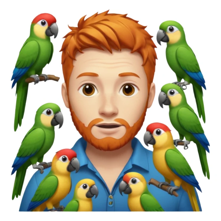 Ginger man with parrots and other birds around him ￼ sticker