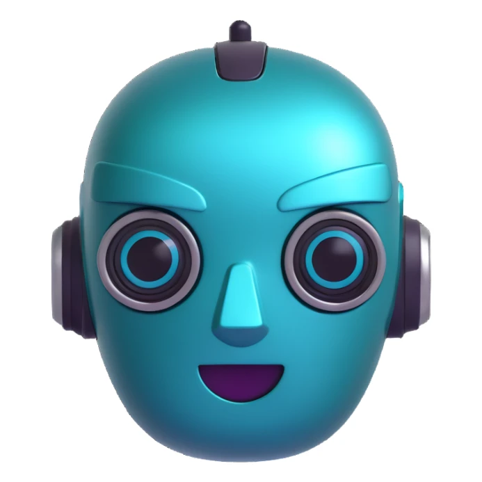 robot head, teal color, metallic, expressive eyes, 3D emoji style sticker