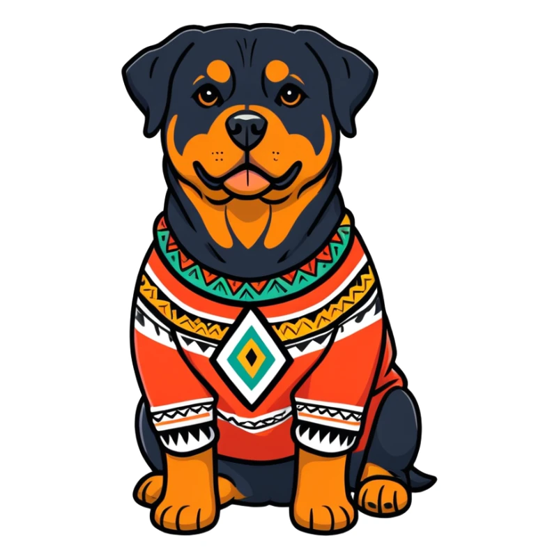 Rottweiler wearing an aboriginal jumper sticker