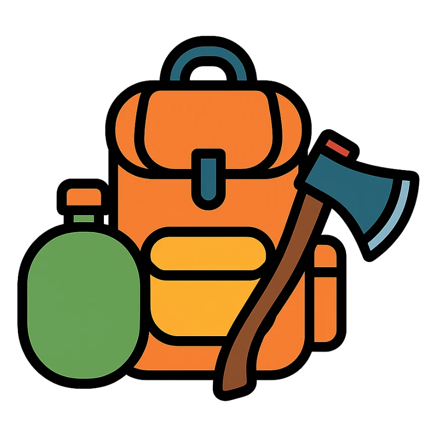 DayZ survival game theme icon with a backpack, canteen, and axe in color outline style sticker
