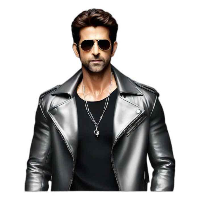 Hrithik roshan wearing men silver chain on a black jacket,styled,cool sticker