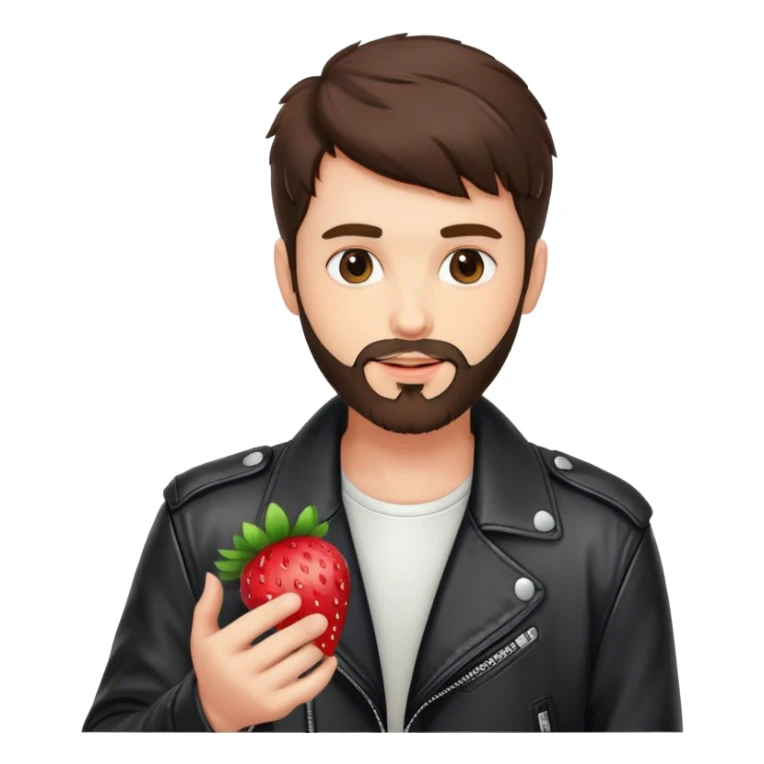 dressed with a black leather jacket, a brunette guy with a beard and toupee, holding a strawberry in love sticker