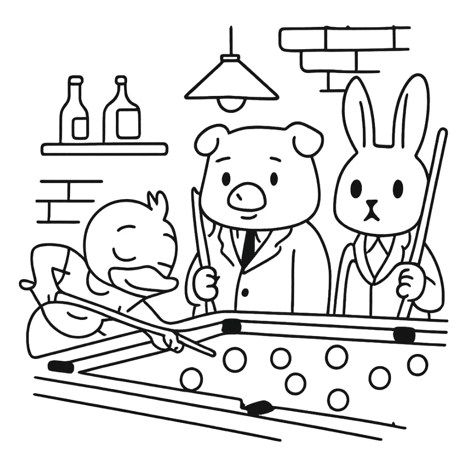 Cute scene for coloring: a duck, pig, and rabbit playing billiards in a bar, with a billiard table, cues, balls, and environment details. Simple line style, no fill, ideal for children to color. sticker