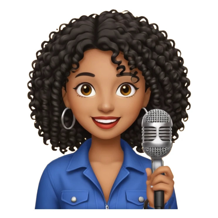 brown skin woman, curly black hair, singer, hold micro sticker