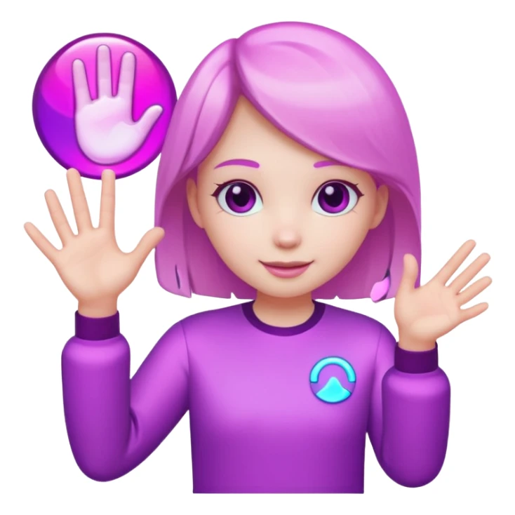 Friendly round AI mascot with a neon C badge, floating hologram in hands, purple-magenta glow. sticker