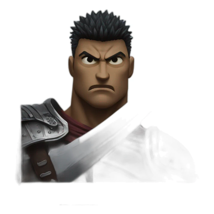 angry berserk guts carrying a huge sword on his shoulder framed on his bust sticker