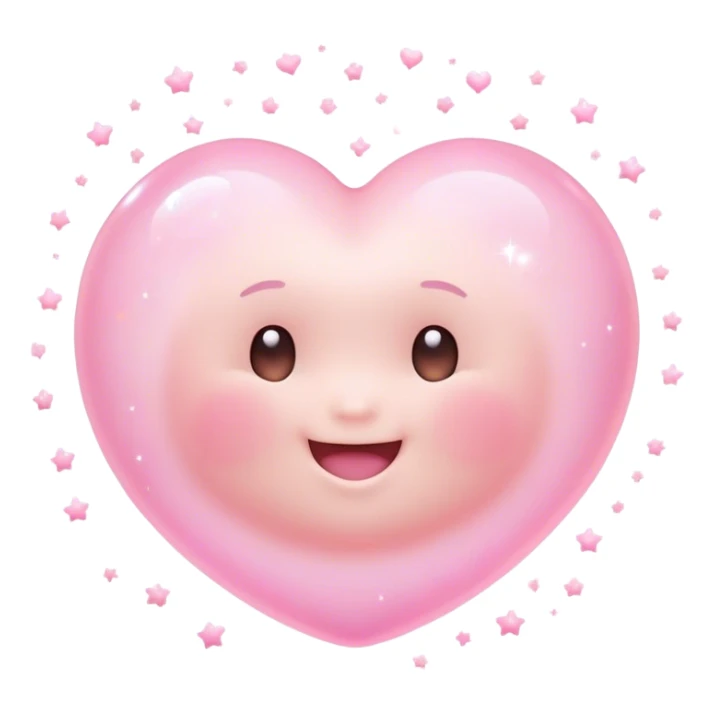 Cinematic floating soft heart, chubby round edges, pastel pink glow, tiny smiling face, surrounded by dreamy sparkles, gentle and loving. sticker
