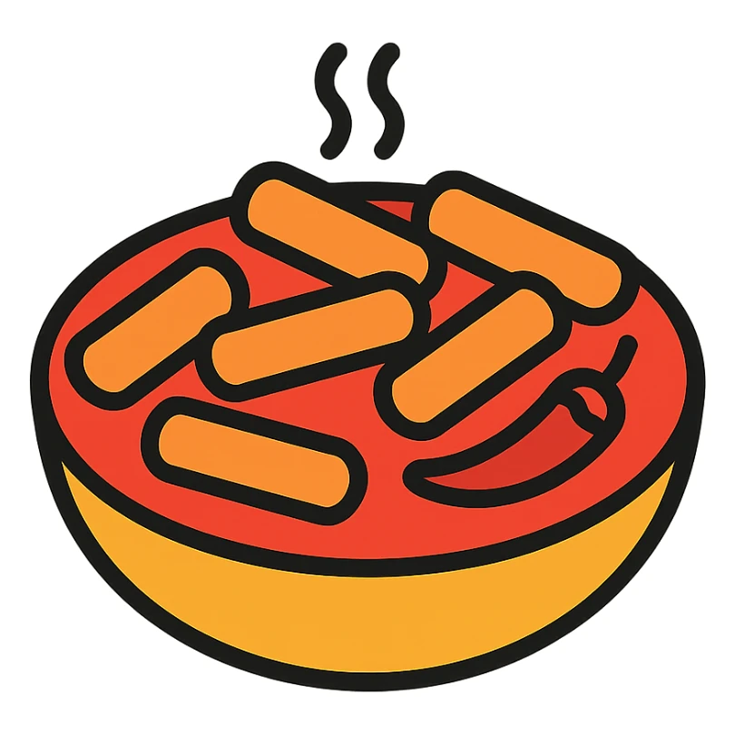 tteokbokki, spicy Korean rice cakes, minimal flat icon, simple shapes, bold colors sticker