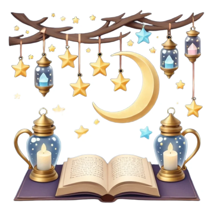  crescent moons, stars with ribbons, tiny clouds, crystal bottles, cozy mugs, mini lanterns, and floating books. Smooth textures, soft magical lighting, realistic shadows, very detailed, high-resolution, dreamy and enchanting aesthetic, super cute and charming." sticker