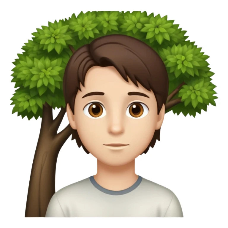 boy with straight brunette hair brown eyes and tree behind sticker