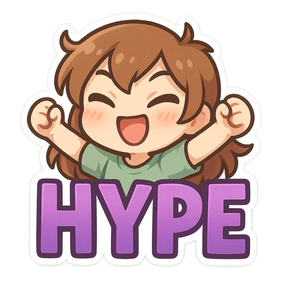 HYPE emote with bold purple letters, cute and energetic sticker
