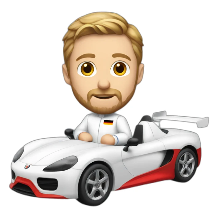 German Ryan Gosling in white Racing Suite is driving a tiny red car sticker
