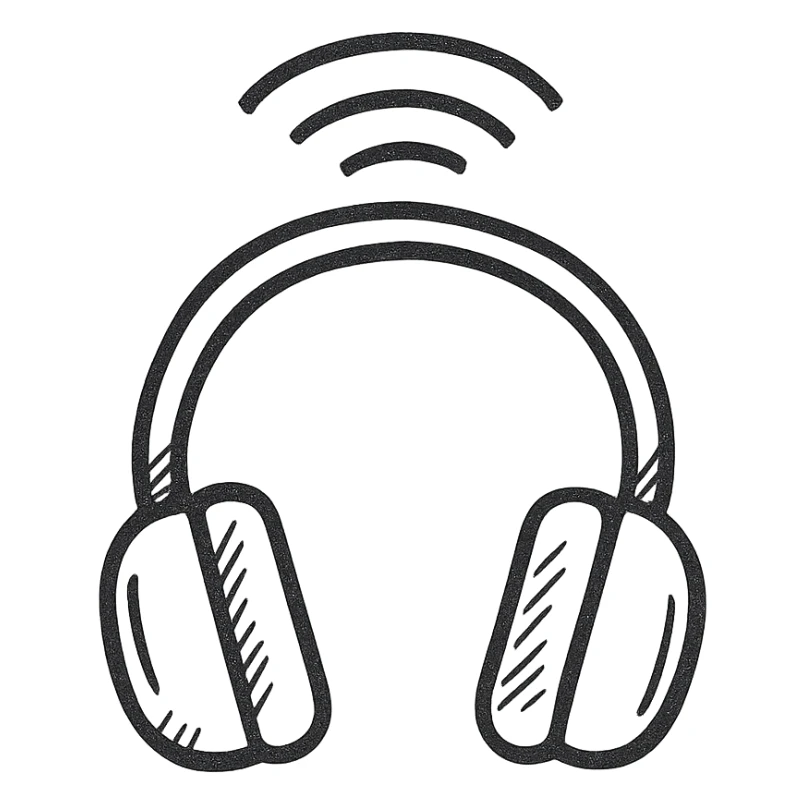 Wireless headphones, black outlined, white fill, hand drawn style sticker