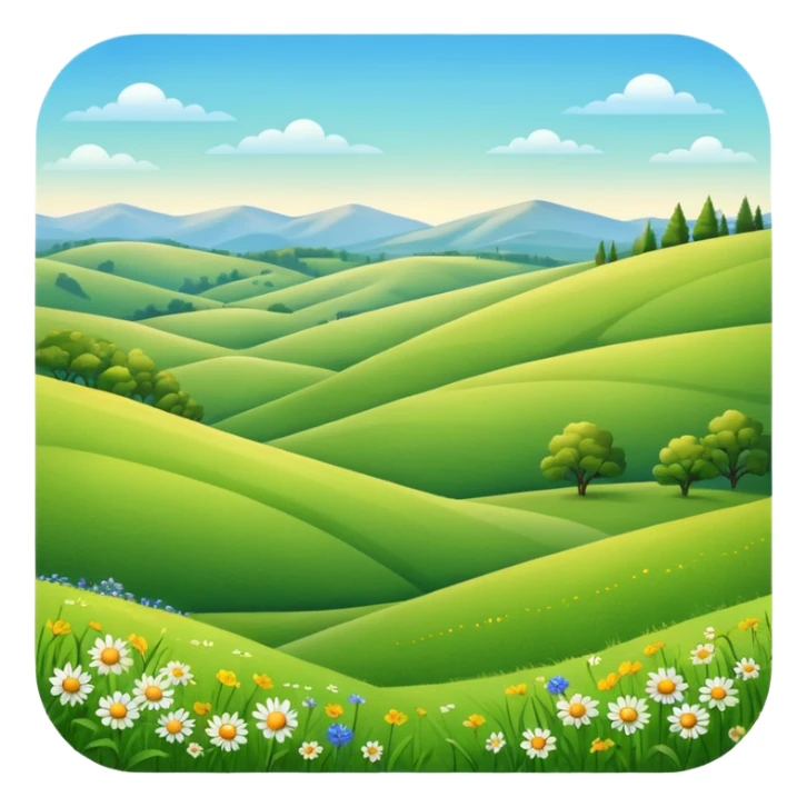 sunlit meadow with rolling hills, no mountains in the background sticker