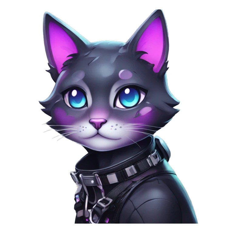 Gorgeous sparkly shiny colorful gradient gothic dark techwear anime style anthro cat with blushing face aesthetic and pretty edgy black with collar and harness trending style sticker