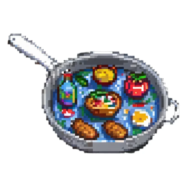 a frying pan with food, pixel art style sticker