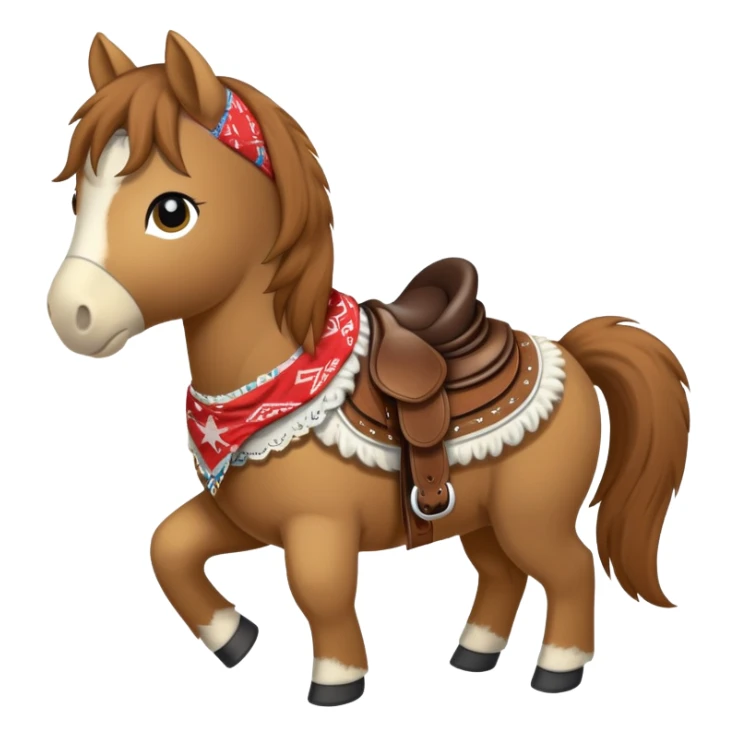 A brown plush pony with a western saddle and bandana sticker