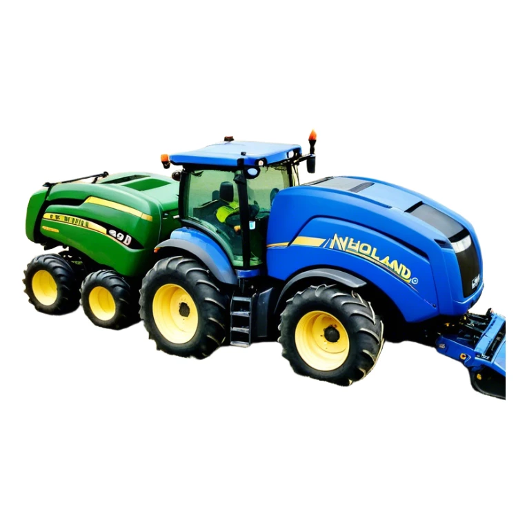 Baler – New Holland Roll-Belt 560 (2018) – Cinematic-realistic John Deere 6155M tractor towing a New Holland Roll-Belt 560 baler, its deep green body contrasting with the bright blue baler. The massive machine moves steadily through golden fields, compressing freshly cut hay into tight round bales, while dust swirls under the blazing afternoon sun. sticker