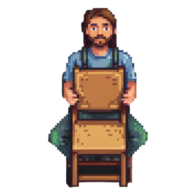 experienced furniture maker holding a wooden chair sticker