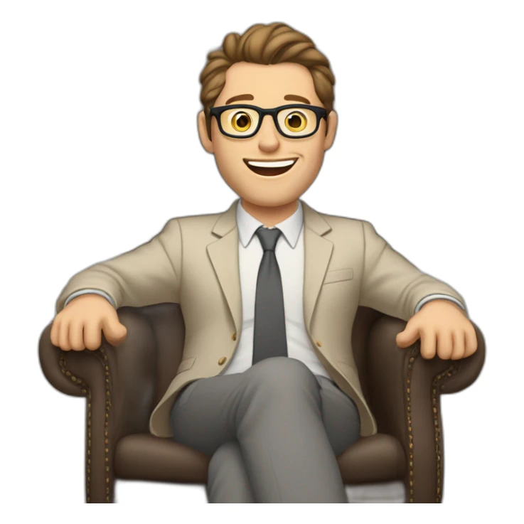 Joyful thrumbs up Pale skinned Fit Man With dark brown hair in gray jacket, beige office shirt, Brown pants and vintage glasses sitting In a soft chair sticker