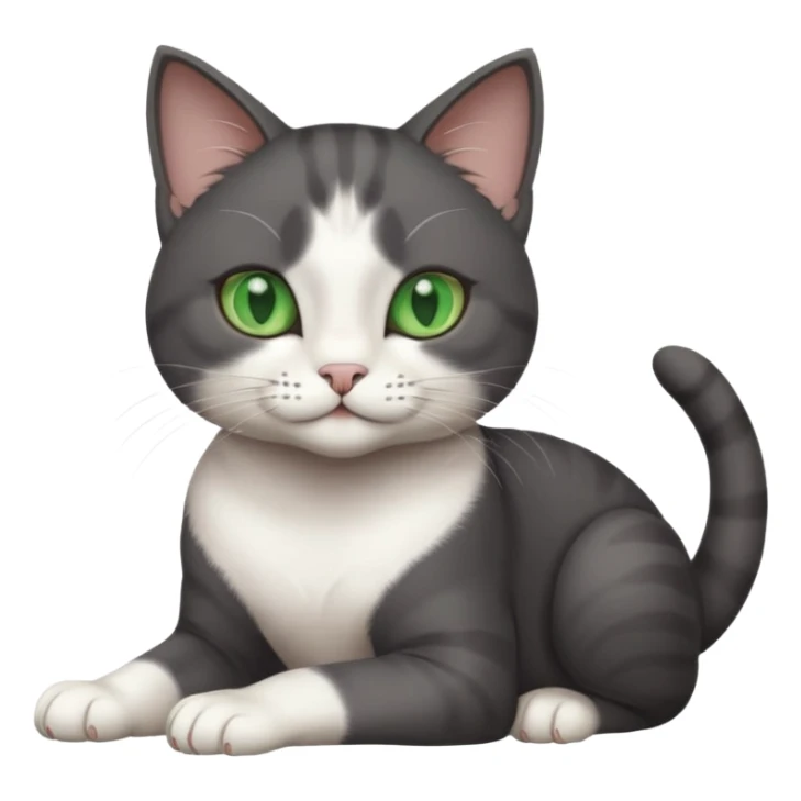 beautiful female solid dark grey cat with green eyes, white toes/paws and white patch on her chest rolling over sticker