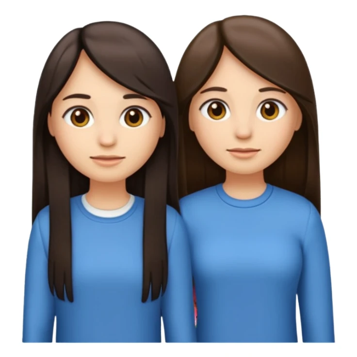 generate me emojis of sisters, one should look older, the other younger. the older one has dark brown hair, long, straight, the younger one is slightly lighter, also straight, long. clothes are any in principle, the main thing is that they more or less look like each other sticker