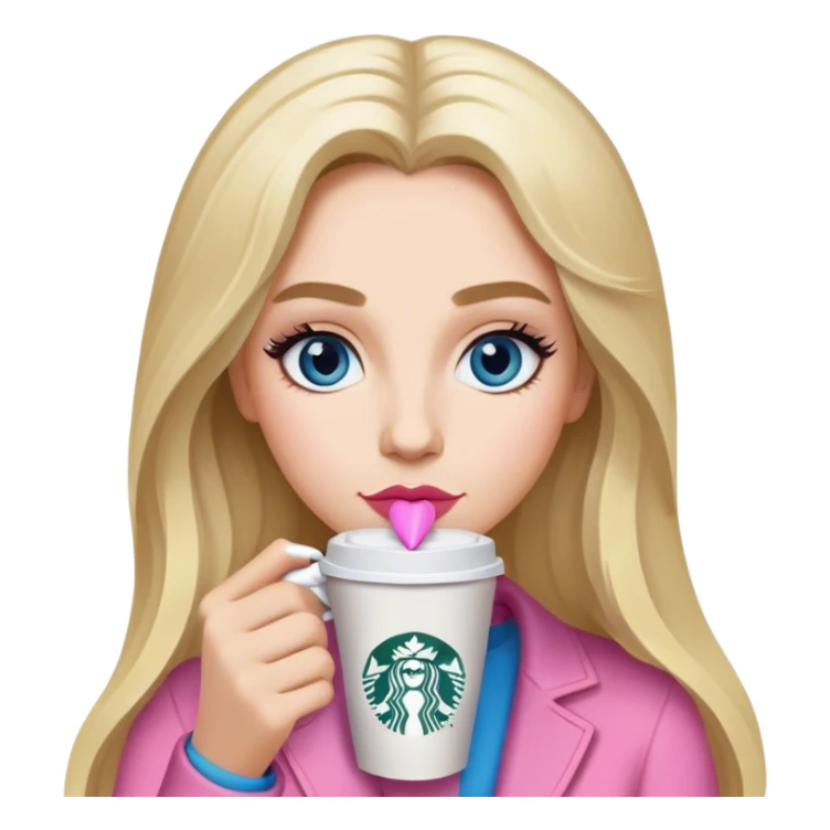 Long blonde grey highlighted with blue gray eyes sipping one Starbucks coffee. She has bushy eyebrows and pink lips  sticker