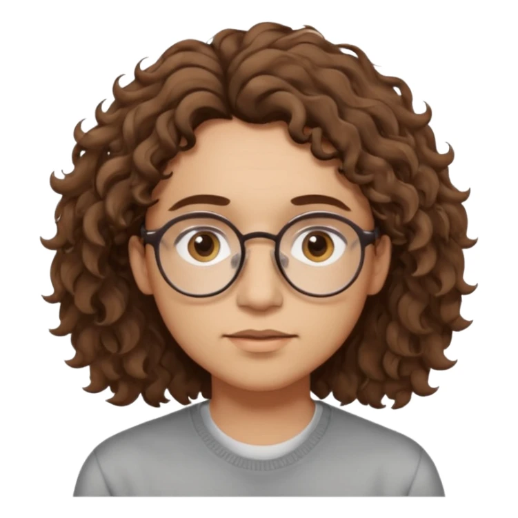 Slim, slightly oval face, light skin.
Medium-length brown wavy/curly hair, slightly messy.
Brown eyes, round eyeglasses.
Soft, calm expression.
No beard or very light stubble.
Minimal, high-quality style, not cartoonish.
Neutral background, soft lighting. sticker