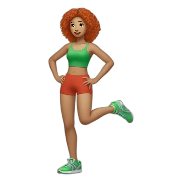 lightskin red haired girl stretching to touch her toes out with hand on her green shorts  sticker